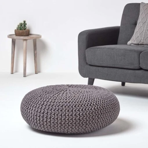 Dark Grey Large Round Cotton Knitted Pouffe Footstool -Best Homeware Store sf1231da 02