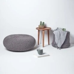 Dark Grey Large Round Cotton Knitted Pouffe Footstool -Best Homeware Store sf1231da 06