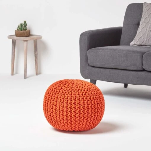 Burnt Orange Round Cotton Knitted Pouffe Footstool -Best Homeware Store sf1231f 02