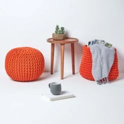 Burnt Orange Round Cotton Knitted Pouffe Footstool -Best Homeware Store sf1231f 06