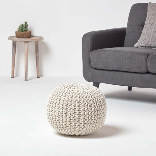 Natural Round Cotton Knitted Pouffe Footstool -Best Homeware Store sf1231g 02