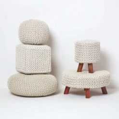 Natural Round Cotton Knitted Pouffe Footstool -Best Homeware Store sf1231g 05