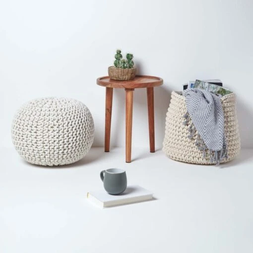 Natural Round Cotton Knitted Pouffe Footstool -Best Homeware Store sf1231g 06