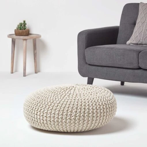 Natural Large Round Cotton Knitted Pouffe Footstool -Best Homeware Store sf1231ga 02