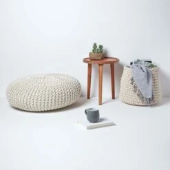 Natural Large Round Cotton Knitted Pouffe Footstool -Best Homeware Store sf1231ga 06