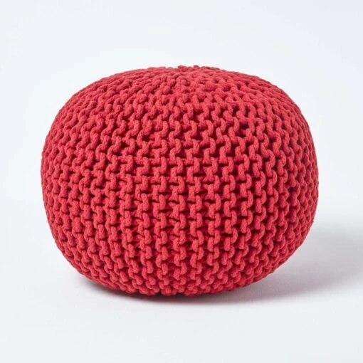 Red Round Cotton Knitted Pouffe Footstool -Best Homeware Store sf1231h 01