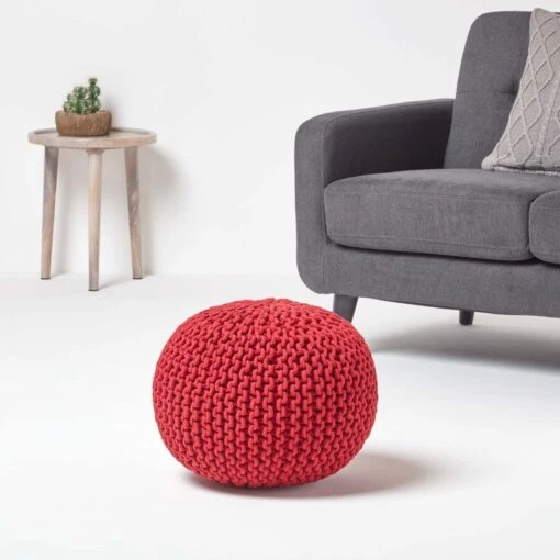 Red Round Cotton Knitted Pouffe Footstool -Best Homeware Store sf1231h 02