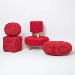 Red Round Cotton Knitted Pouffe Footstool -Best Homeware Store sf1231h 05