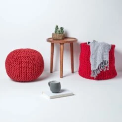 Red Round Cotton Knitted Pouffe Footstool -Best Homeware Store sf1231h 06