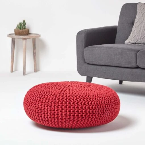 Red Large Round Cotton Knitted Pouffe Footstool -Best Homeware Store sf1231ha 02