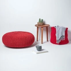 Red Large Round Cotton Knitted Pouffe Footstool -Best Homeware Store sf1231ha 06