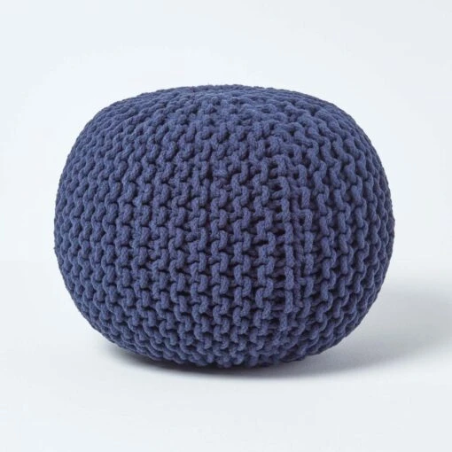 Navy Blue Round Cotton Knitted Pouffe Footstool -Best Homeware Store sf1231k 01