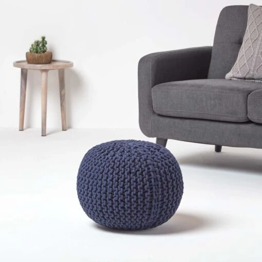 Navy Blue Round Cotton Knitted Pouffe Footstool -Best Homeware Store sf1231k 02