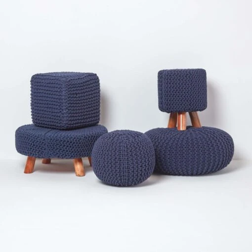 Navy Blue Round Cotton Knitted Pouffe Footstool -Best Homeware Store sf1231k 05