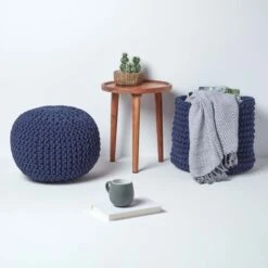 Navy Blue Round Cotton Knitted Pouffe Footstool -Best Homeware Store sf1231k 06