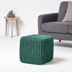 Forest Green Cube Cotton Knitted Pouffe Footstool -Best Homeware Store sf1232c 2