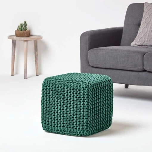 Forest Green Cube Cotton Knitted Pouffe Footstool -Best Homeware Store sf1232c 2