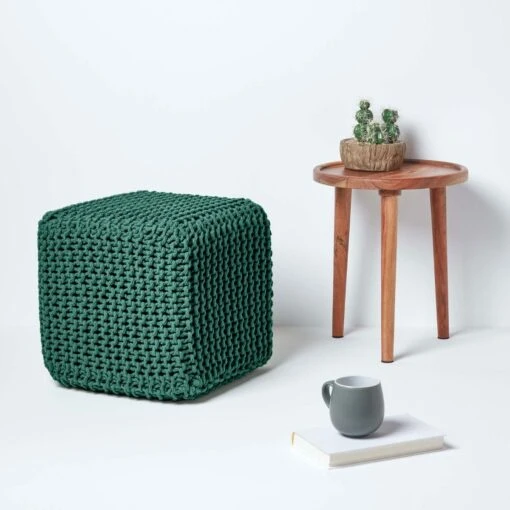 Forest Green Cube Cotton Knitted Pouffe Footstool -Best Homeware Store sf1232c 5