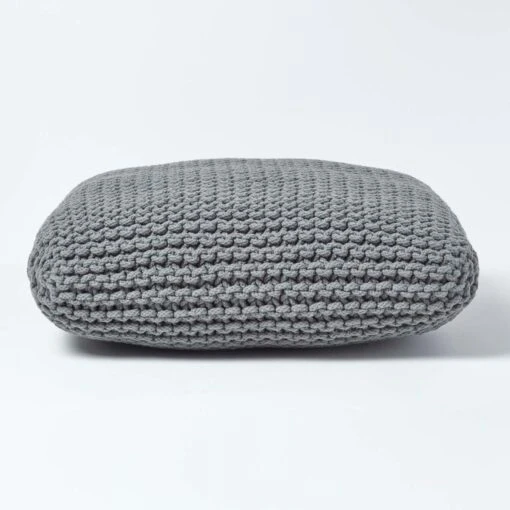 Grey Square Cotton Knitted Pouffe Floor Cushion -Best Homeware Store sf1232da 01