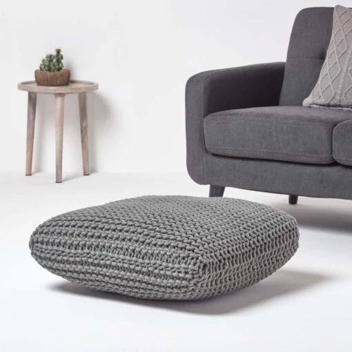 Grey Square Cotton Knitted Pouffe Floor Cushion -Best Homeware Store sf1232da 02