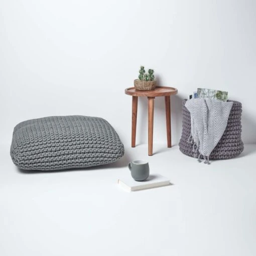 Grey Square Cotton Knitted Pouffe Floor Cushion -Best Homeware Store sf1232da 06