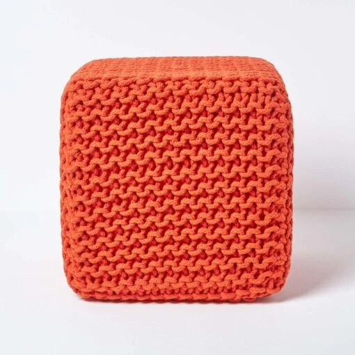 Burnt Orange Cube Cotton Knitted Pouffe Footstool -Best Homeware Store sf1232f 01