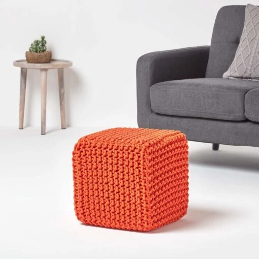 Burnt Orange Cube Cotton Knitted Pouffe Footstool -Best Homeware Store sf1232f 02