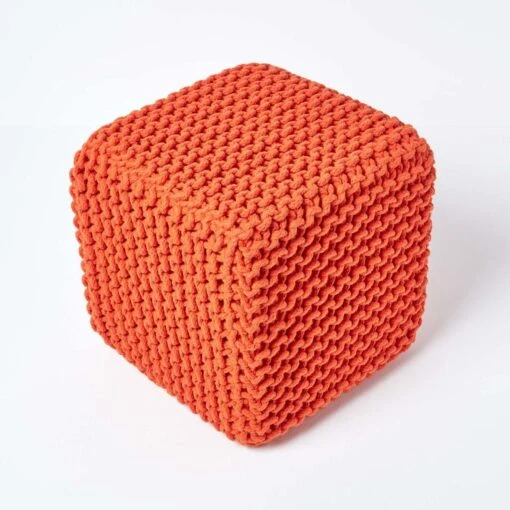 Burnt Orange Cube Cotton Knitted Pouffe Footstool -Best Homeware Store sf1232f 03