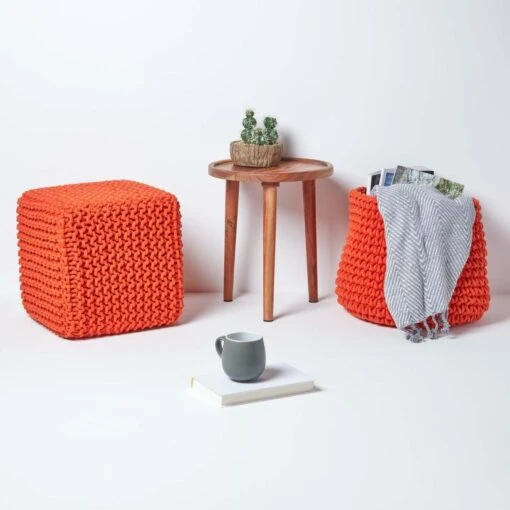 Burnt Orange Cube Cotton Knitted Pouffe Footstool -Best Homeware Store sf1232f 06