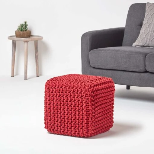 Red Cube Cotton Knitted Pouffe Footstool -Best Homeware Store sf1232h 02 1