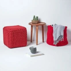 Red Cube Cotton Knitted Pouffe Footstool -Best Homeware Store sf1232h 06