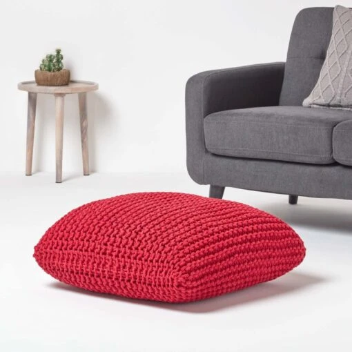 Red Square Cotton Knitted Pouffe Floor Cushion -Best Homeware Store sf1232ha 02