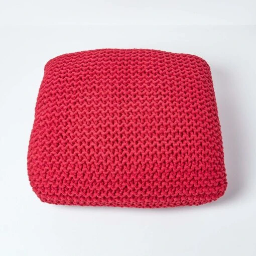 Red Square Cotton Knitted Pouffe Floor Cushion -Best Homeware Store sf1232ha 03