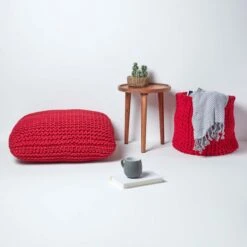 Red Square Cotton Knitted Pouffe Floor Cushion -Best Homeware Store sf1232ha 06