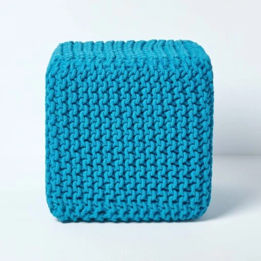 Teal Blue Cube Cotton Knitted Pouffe Footstool -Best Homeware Store sf1232i 01