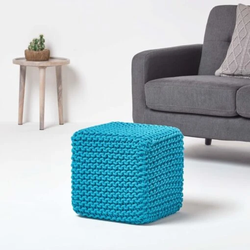 Teal Blue Cube Cotton Knitted Pouffe Footstool -Best Homeware Store sf1232i 02