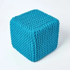 Teal Blue Cube Cotton Knitted Pouffe Footstool -Best Homeware Store sf1232i 03