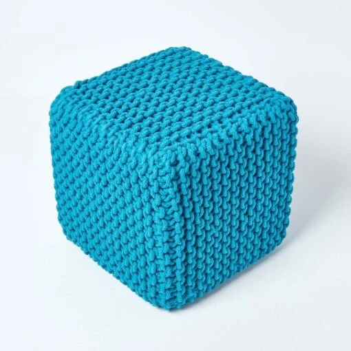 Teal Blue Cube Cotton Knitted Pouffe Footstool -Best Homeware Store sf1232i 03