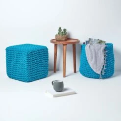 Teal Blue Cube Cotton Knitted Pouffe Footstool -Best Homeware Store sf1232i 06