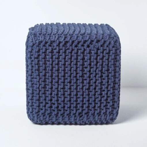 Navy Blue Cube Cotton Knitted Pouffe Footstool -Best Homeware Store sf1232k 01