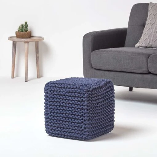 Navy Blue Cube Cotton Knitted Pouffe Footstool -Best Homeware Store sf1232k 02