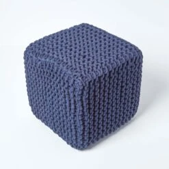 Navy Blue Cube Cotton Knitted Pouffe Footstool -Best Homeware Store sf1232k 03