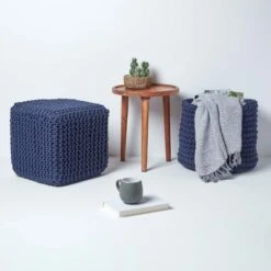 Navy Blue Cube Cotton Knitted Pouffe Footstool -Best Homeware Store sf1232k 06