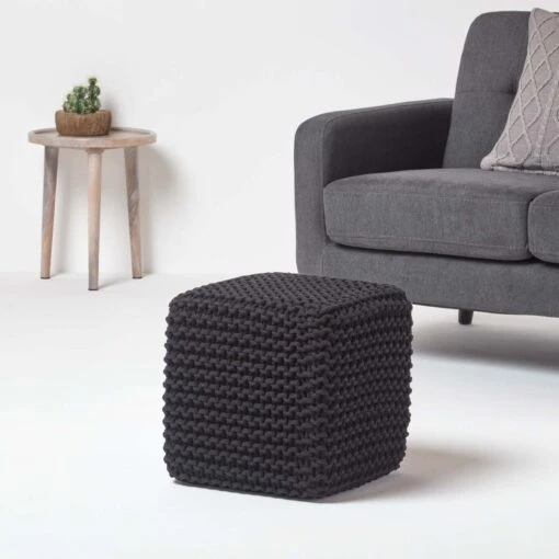 Black Cube Cotton Knitted Pouffe Footstool -Best Homeware Store sf1365 02