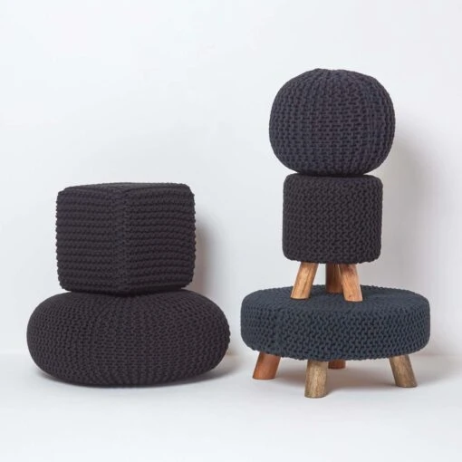 Black Cube Cotton Knitted Pouffe Footstool -Best Homeware Store sf1365 05