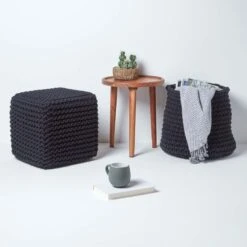 Black Cube Cotton Knitted Pouffe Footstool -Best Homeware Store sf1365 06