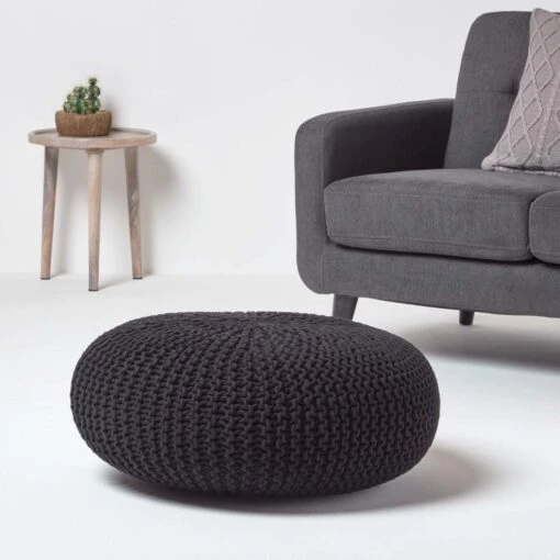 Black Large Round Cotton Knitted Pouffe Footstool -Best Homeware Store sf1366aa 02