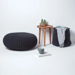 Black Large Round Cotton Knitted Pouffe Footstool -Best Homeware Store sf1366aa 06