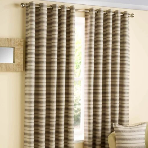 Silver And Beige 'Horizon' Striped Ready Made Eyelet Curtain Pair -Best Homeware Store sf1512 contemporary silver and beige striped eyelet curtains