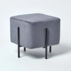 Osborne Velvet Footstool Cube With Legs, Grey -Best Homeware Store sf1524 01 2